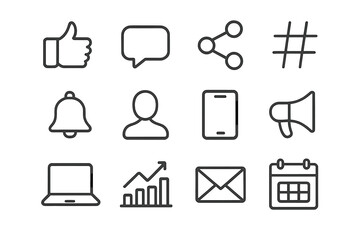 Social Engagement Icons. Social engagement. Line icon set of Social engagement: like button, comment bubble, share icon, hashtag, notification bell, influencer