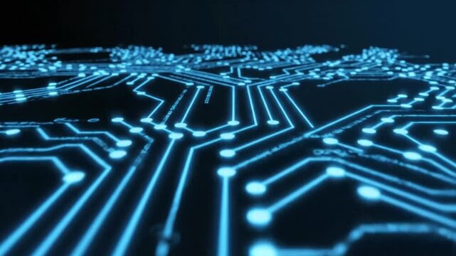 A computer circuit board with glowing blue lines and nodes on a dark background in a low angle shot