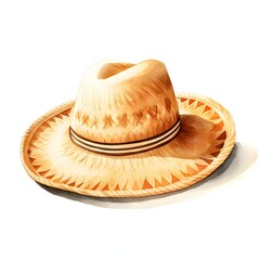 Watercolor illustration of a straw hat with brown accents on a white background