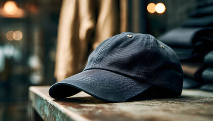 baseball cap sits on top of a table, ready for use or display