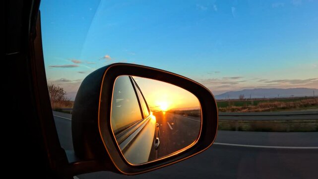 Sunset reflecting in car mirror during road trip. Golden hour sunlight casting warm, vibrant reflections across side mirror, capturing serene landscape during scenic road journey through open highway
