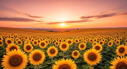 Expansive sunflower field stretches under a vibrant sunset creating a picturesque landscape