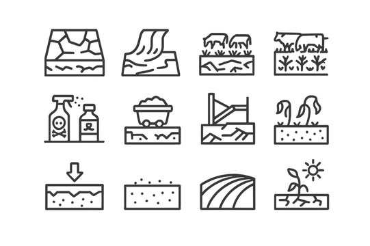 Soil Degradation Icons. Soil degradation. Line icon set of soil degradation: dry cracked soil, erosion symbol, deforestation, overgrazing icon, pesticide