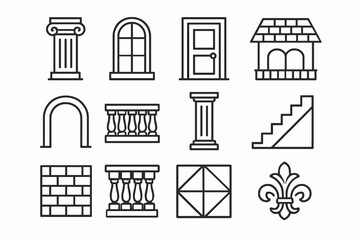 Architectural Icon Set. Architecture details. Line icon set of architecture details: column, window, door, roof, arch, balcony, pillar, stair, wall pattern,
