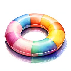 Colorful watercolor illustration of a striped swimming pool inner tube