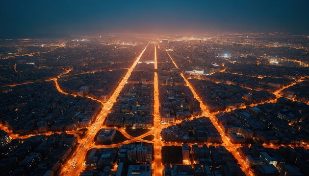 Aerial view of city grid at night. Illuminated streets glow like circuit board in dark metropolis. Urban landscape shows energy data, traffic network. Cityscape extends to glowing horizon under - Powered by Adobe