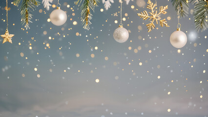 Fototapeta premium Elegant Blue Winter Holiday Background with Fir Branches & Silver Baubles