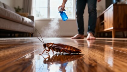 Man spraying insecticide on a cockroach crawling across a wooden floor during pest control at home.