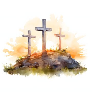 Watercolor painting of calvary hill with three crosses at sunrise
