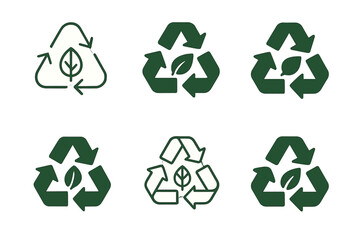 Biodegradable Icon Set. Biodegradable materials. Icon set. Set Logo of biodegradable materials: leaf and recycling symbol. harmonious logo variations of the