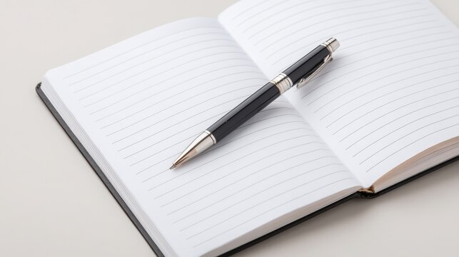 A pen rests on a blank notebook with lined pages, ready for writing.