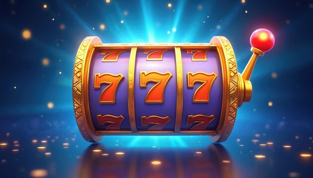 Golden slot machine with three sevens reels shows jackpot win. Virtual casino game spins, bright lights flash, symbolizing luck and big prize rewards for players.