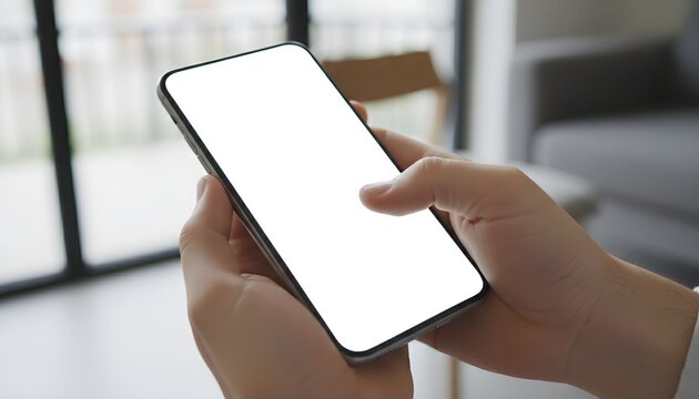 Close-up of a person's hands holding and using a smartphone with a blank white screen for mockup purposes. - Powered by Adobe