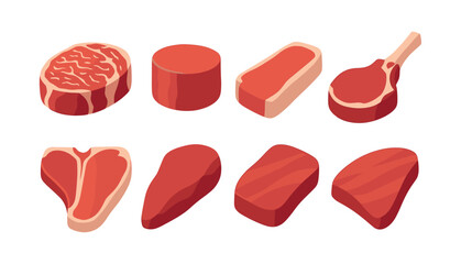 Various meat cuts, flat vector illustration, steak, beef, red meat