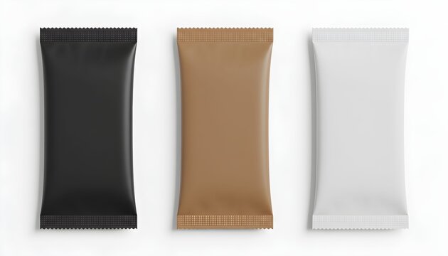 Three blank wrappers in black, brown, and white, arranged side-by-side on a white background.