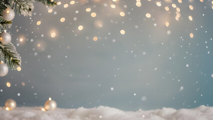 Fototapeta premium Dreamy Holiday Fir Border with White Ornaments, Silver, Blue Bokeh & Snow