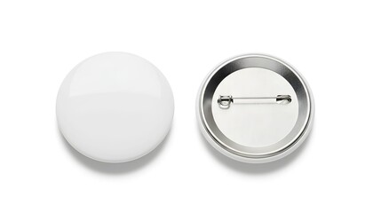 Blank white round badge pin, front and back view, isolated on a white background, ready for custom design or branding.