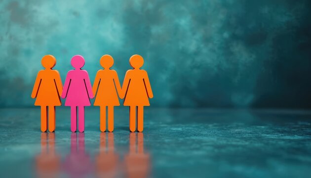 Four women icons stand united, one pink, three orange figures, on dark textured background. Represent female solidarity, sisterhood, community support for empowerment. Women rights, equality, - Powered by Adobe