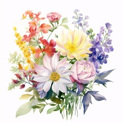 Obraz premium Watercolor floral bouquet features dahlia, rose, delphinium and other flowers with green and purple leaves
