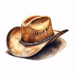 Watercolor painting of a classic brown cowboy hat with a braided hat band