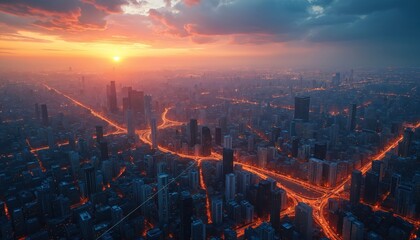 Aerial view of sprawling city with illuminated highways at sunset. Tall skyscrapers stretch across urban landscape as twilight descends. Illuminated streets glow like arteries in vast metropolis at