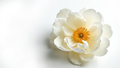 Single white peony flower with yellow center isolated on white background. Delicate petals form a soft bloom, ideal for sympathy cards, invitations, or elegant decor.