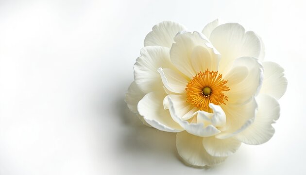 Single white peony flower with yellow center isolated on white background. Delicate petals form a soft bloom, ideal for sympathy cards, invitations, or elegant decor.