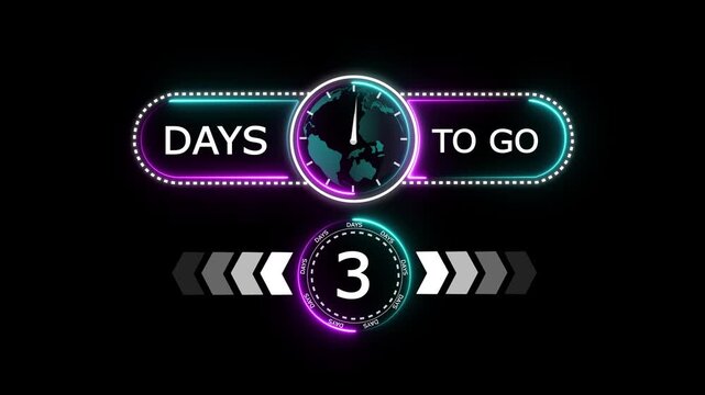 3 Days to go glowing neon countdown timer icon.Minimal countdown timer animation days to go.Count time display with black background, label button ,promotion clock sign business concept.with video.