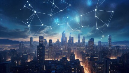 City skyline with digital network overlay illustrating technology - Powered by Adobe