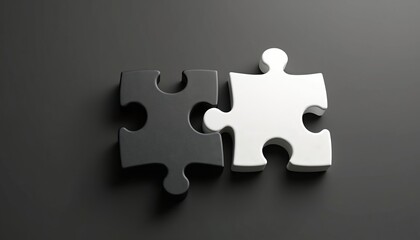 Black, white jigsaw puzzle pieces connect on grey background. Symbol of partnership, collaboration, finding solution. Two different parts join for teamwork, strategy. Metaphor for integration, unity,