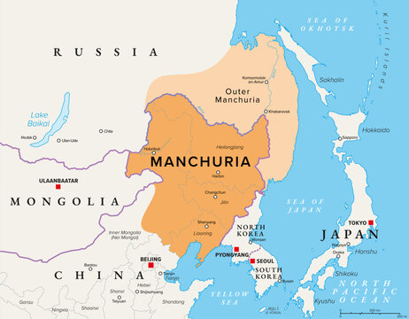 Manchuria, a historical region in Northeast Asia, political map. The central part is encompassing present-day northeast China. Parts of the modern-day Russian Far East are called Outer Manchuria.