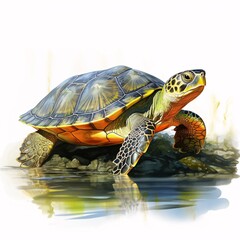 Obraz premium Sea turtle resting near the water's edge in a watercolor painting on white background