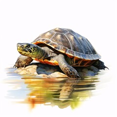 Obraz premium Watercolor painting of a turtle sitting on rocks in the water on a white background