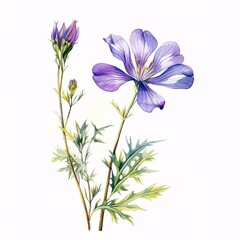 Delicate purple flower with buds and leaves on a white background