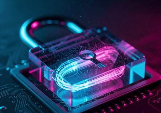 Glowing digital padlock on a circuit board, symbolizing robust cybersecurity, data protection, and secure network technology with vibrant neon lights.