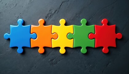 Five colorful puzzle pieces on dark grey backdrop. Blue orange yellow green and red jigsaw parts are connected. Symbolizes integration cooperation teamwork connection solutions and common goals.
