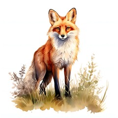 Obraz premium Watercolor painting of a fox standing amidst wild grasses