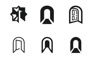 Expanse Logo Variations. Expanse. Icon set. Set Logo of Expanse: open doorway to light. harmonious logo variations of the same emblematic concept, each with