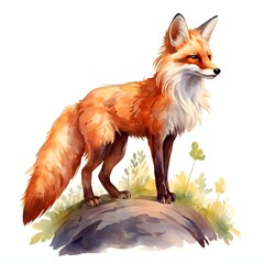 Obraz premium Watercolor painting of a fox standing proudly on a rock with lush vegetation