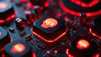 Glowing skull keycap on red motherboard illustrates cyber security risks. Dark, ominous theme warns danger from online threats. Visual data breaches, hacking, digital crime, tech vulnerabilities.