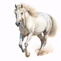Obraz premium Elegant white horse gallops in a watercolor painting style against a white background