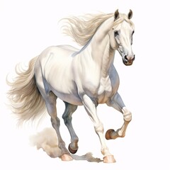 Obraz premium Elegant white horse gallops with its mane flowing on a white background