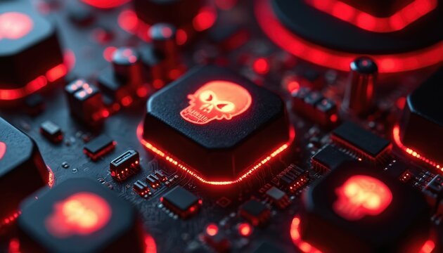 Glowing skull keycap on red motherboard illustrates cyber security risks. Dark, ominous theme warns danger from online threats. Visual data breaches, hacking, digital crime, tech vulnerabilities.