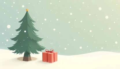 Obraz premium Minimalist Christmas Tree with Gifts in Snow. A simple festive illustration of a Christmas tree with a red star on top, surrounded by gift boxes placed on snowy ground in a soft holiday background.