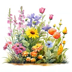 Fototapeta premium Watercolor meadow featuring an array of colorful wildflowers in full bloom on a white background