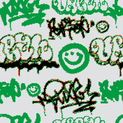 Vector Seamless pixel graffiti pattern with abstract tags, dithered texture. Urban, grunge, playful pixel art style perfect for backgrounds, textiles