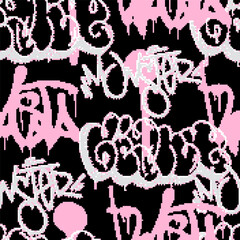 Vector Seamless pixel graffiti pattern with abstract tags, dithered texture. Urban, grunge, playful pixel art style perfect for backgrounds, textiles