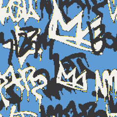 Vector Seamless pixel graffiti pattern with abstract tags, dithered texture. Urban, grunge, playful pixel art style perfect for backgrounds, textiles