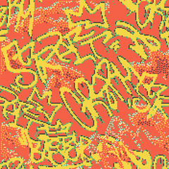 Vector Seamless pixel graffiti pattern with abstract tags, dithered texture. Urban, grunge, playful pixel art style perfect for backgrounds, textiles