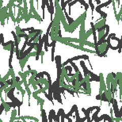 Vector Seamless pixel graffiti pattern with abstract tags, dithered texture. Urban, grunge, playful pixel art style perfect for backgrounds, textiles